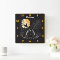 A witch brews potions under the full moon square wall clock