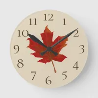 Colorful Orange Maple Leaf & Beige & Brown Accents Round Clock