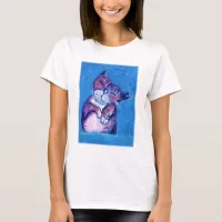 Cozy Cat Painting Cute Feline on Blue T-Shirt