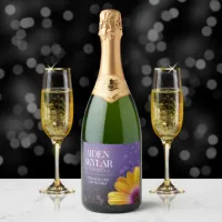 Elegant Golden Daisy with Purple Glitter Wedding Sparkling Wine Label