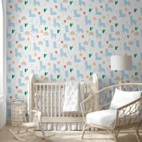 Boho Blue Llama Rainbows Baby Boy Nursery Wallpaper