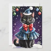 Black Cat in Christmas Blue Cape Flat Holiday Card