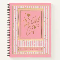 This Girl Can Pink & White Stripes Gold Polka Dot  Notebook