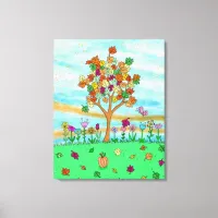 Pretty Folk Art Whimsical Autumn Tree Fall Leaves Canvas Print