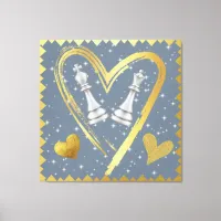 Gold Hearts King and Queen Chess Pieces on Grey | Canvas Print