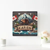 Beaver, Logs, Flags, and Mountains Square Wall Clock