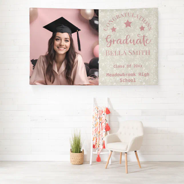 Modern Glitter Photo Graduation Dusty Pink  Banner