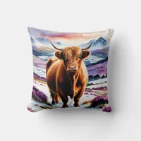 Highland Cow Snow Watercolor Custom Text Christmas Throw Pillow