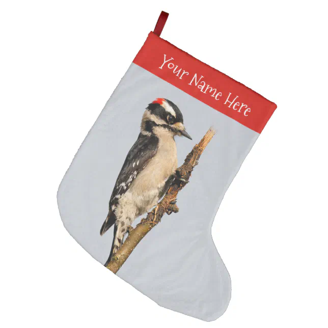 Cute Downy Woodpecker on Fruit Tree Large Christmas Stocking