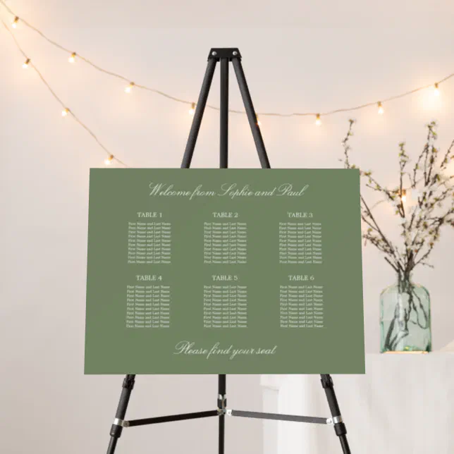 Sage Green 6 Table Wedding Seating Chart Foam Board