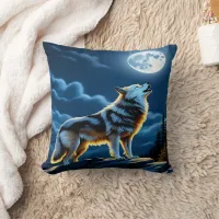 Majestic Wolf Howling at Moonlight.  Throw Pillow