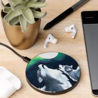 Cute Wolf and Pup Howl at Full Moon Wireless Charger