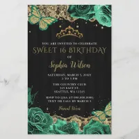 Budget Green Roses Black Gold Sweet 16  Invitation