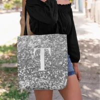 Silver Faux Glitter Bokeh Sparkles Monogram Tote Bag