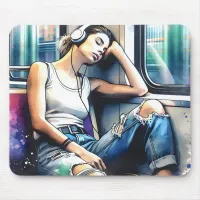 Woman Sleeping on the Subway Listening to Music Mouse Pad