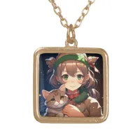 Cute Anime Girl Holding a Kitten Christmas Gold Plated Necklace