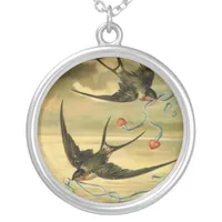 Vintage Valentine Barn Swallows Silver Plated Necklace