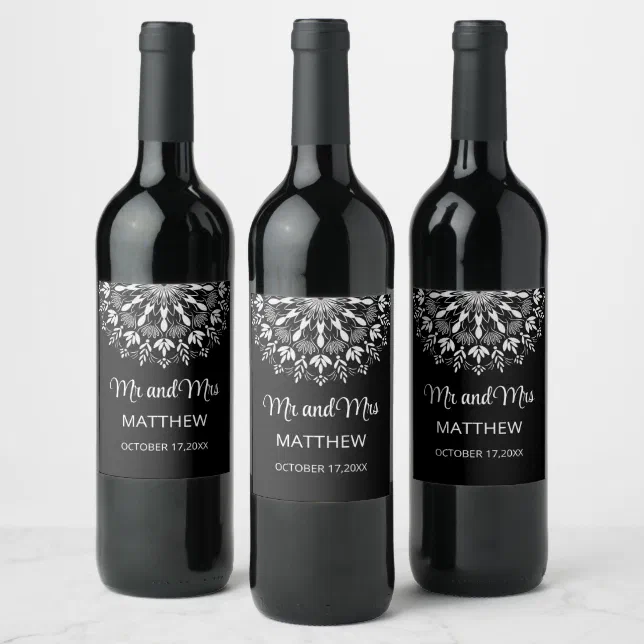 Elegant simple black annd white wedding wine label