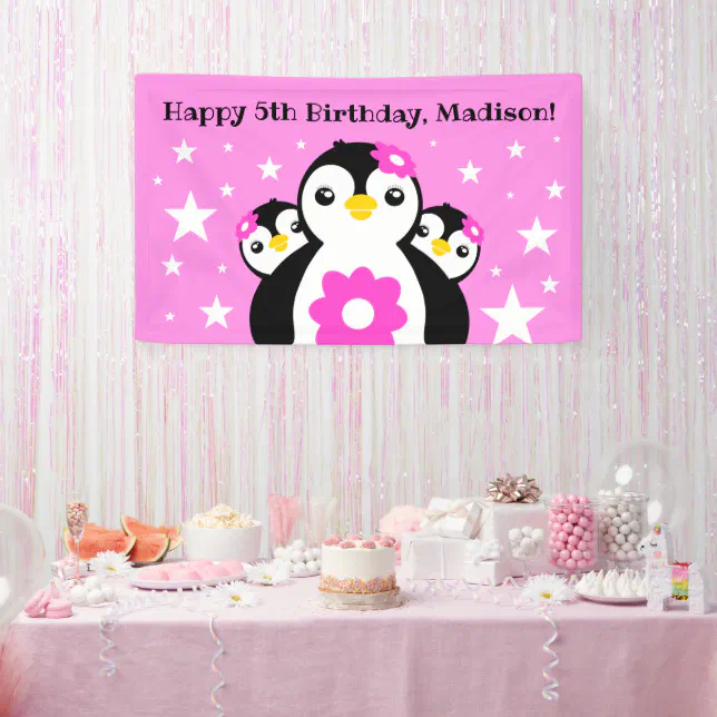 Cute Happy Birthday Girl Penguins Pink Flowers Banner