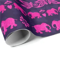 Ethnic Elephants Pink and Blue Patterned Wrapping Paper