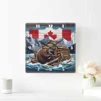 Canadian Beaver With Flag and Lodge in Nature Square Wall Clock