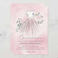 Blush Silver glitter Floral Dress Quinceañera Invitation