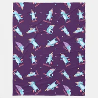 Many Moods of a Pink, Blue, and Purple Unicorn Fleece Blanket