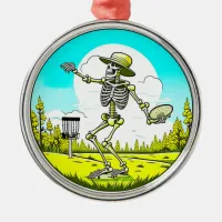 Skeleton Disc Golfing Themed Christmas Metal Ornament