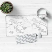 Stylish Silver Foil Marble Monogram Desk Mat