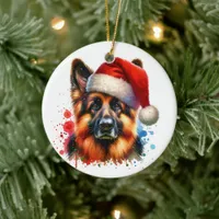 German Shepherd Dog in Santa Hat Christmas   Ceramic Ornament