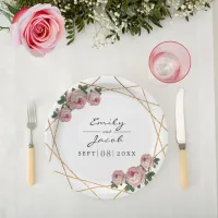 Elegant Gold Glitter Geometric Pink Floral Wedding Paper Plates