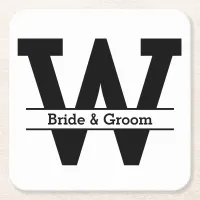 Black and White Split Monogram Wedding Square Paper Coaster