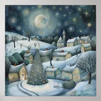 Enchanted Winter Village at Night AI Art Poster