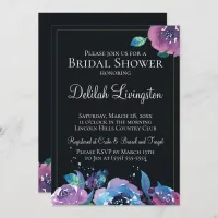 Dark Blue Purple Twilight Floral Bridal Shower Invitation
