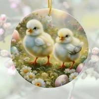 Cute chicks in a meadow with Easter eggs, vintage  Ceramic Ornament