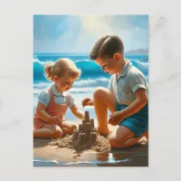 A Little Girl and Boy Building a Sandcastle   Postcard