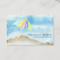 *~* Beach Sand Umbrella Sea QR Watercolor Ocean Business Card