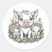 Cute Mama Pigs and Piglets in Flowers Classic Round Sticker