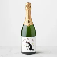 Happy New Year Cat with Champagne Sparkling Wine Label