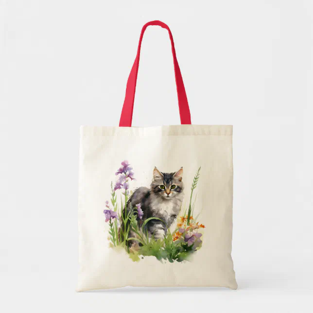 Cute Black Kitten Wildflowers Cat Watercolor Art Tote Bag