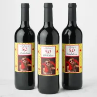 50 & Fabulous Photo Name Red 50th Birthday Yellow Wine Label