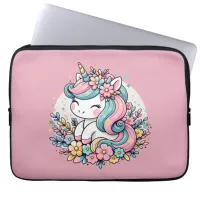 Pink and Blue Unicorn and Flowers  Laptop Sleeve