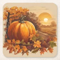 Autumn Fall Sunset Scene with Pumpkin Square Paper Coaster