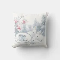 Cute White Rabbits in Snow Winter Holiday Throw Pillow