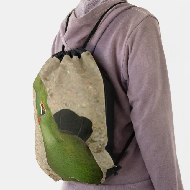 Funny Curious Guinea Turaco Green Bird Drawstring Bag