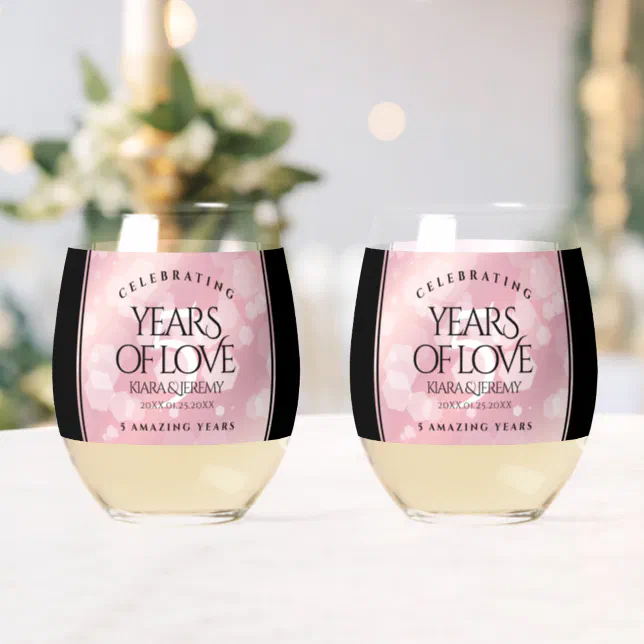 Elegant 5th Rose Quartz Wedding Anniversary Stemless Wine Glass