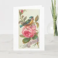 Vintage Blue Bird and Pink Flower Birthday Card