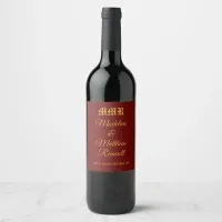 Monogram Elegant Red and Gold Wedding  Wine Label