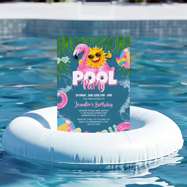 Cool Pool Party | Swimming Birthday Pink Flamingo Invitation