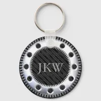 Modern Elegant Monogram Black and Grey Striped  Keychain